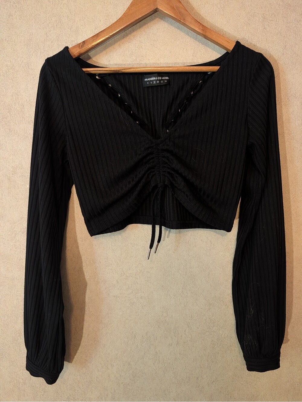 MANIERE DE VOIR black lace up ruched crop top sz 8